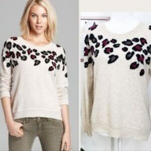 Sandro White Wool Sweater w/ Animal/Leopard Print cream small